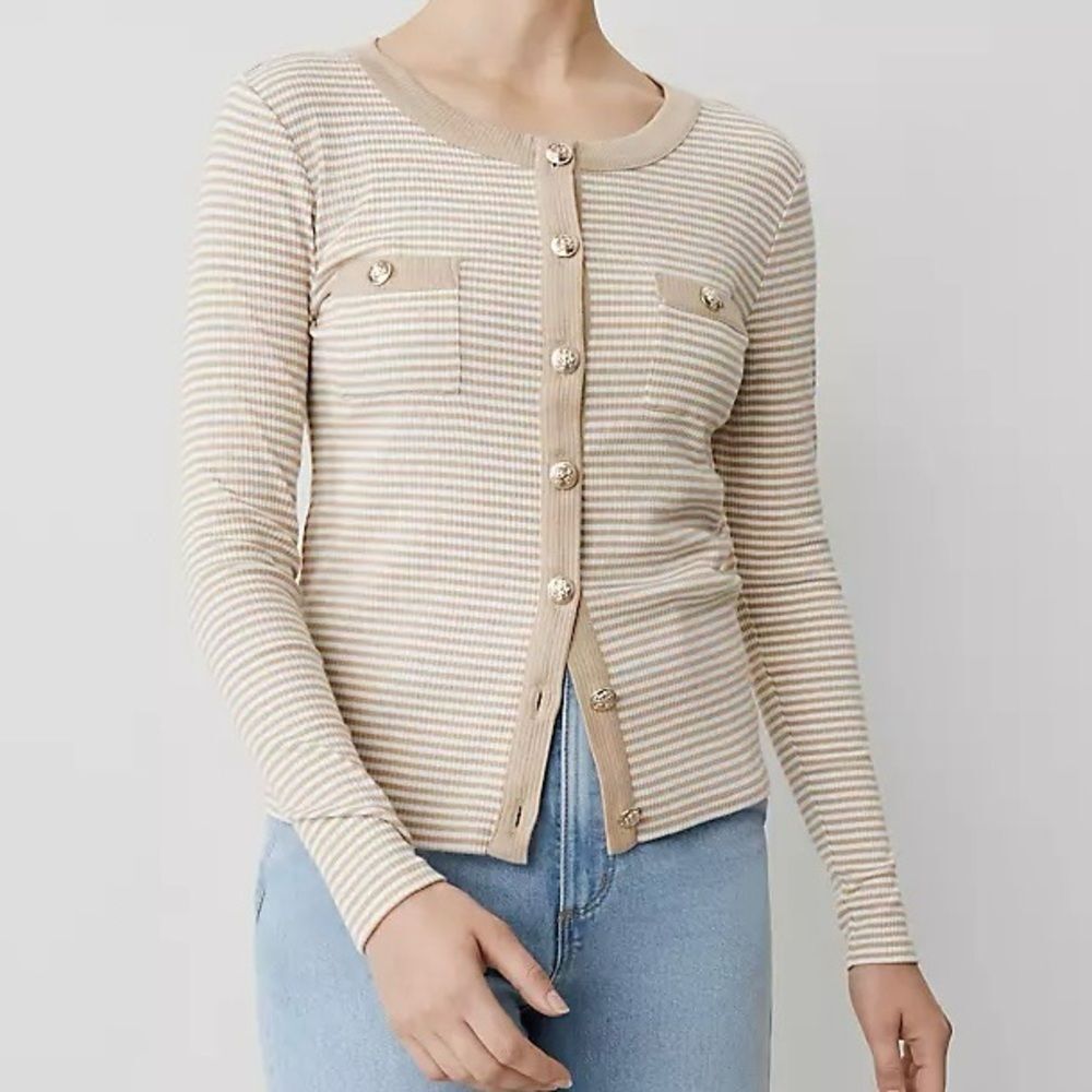 Ann Taylor Long Sleeve Button Front Detail Knit Stripe Jacket Top. Medium. NWOT.